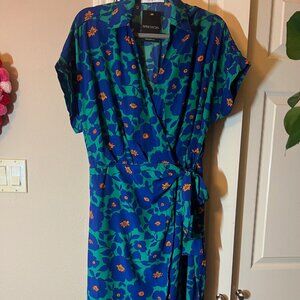 NWT Women's Impressions Blue & Green Floral Wrap Midi Dress - Size Large